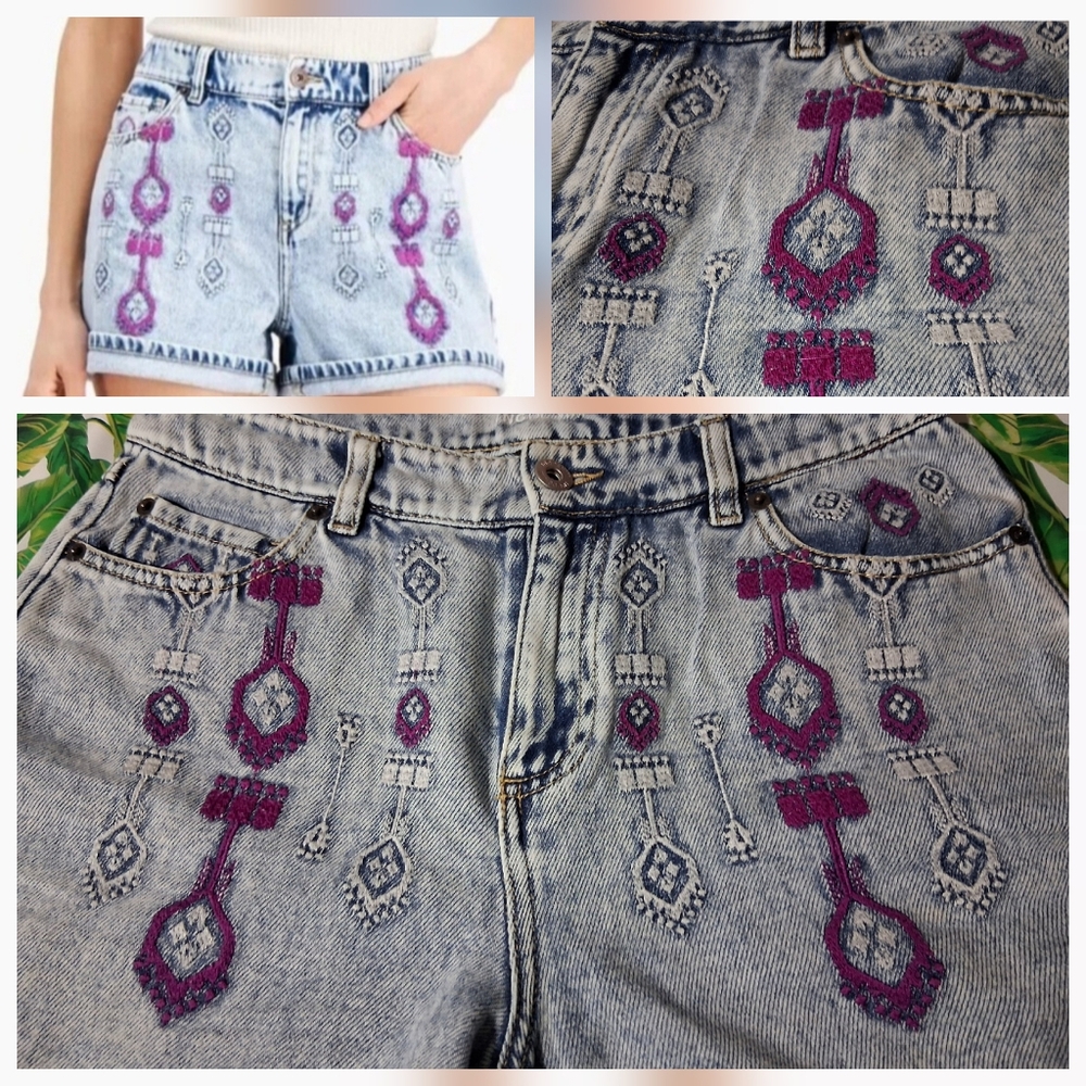 🔥INC International Concepts Denim Blue Jean Shorts Purple Embroidery Size 6/28